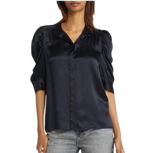 FRAME Gillian Silk Ruched Puff Sleeve Top in Dark Navy Blue Button Down Size  L‎